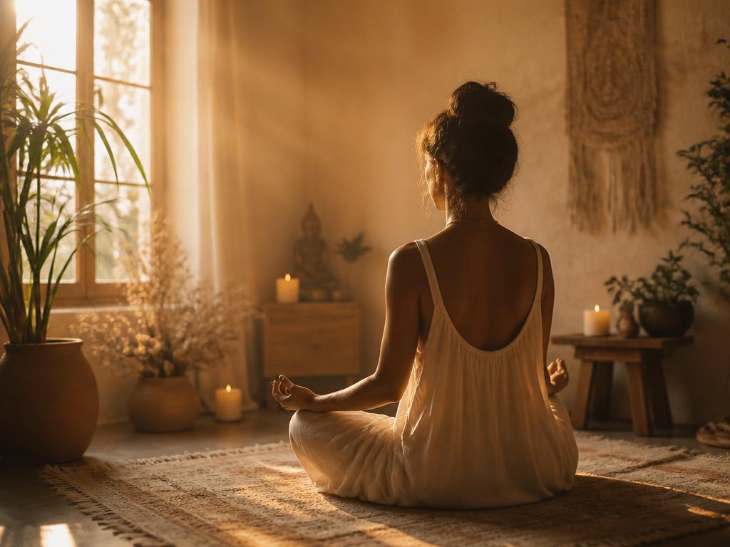 Frau in Meditationshaltung in einem warmen Raum mit Kerzenlicht